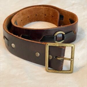 Vintage Leather Brown Belt with Brass Color Hardware Square Buckle